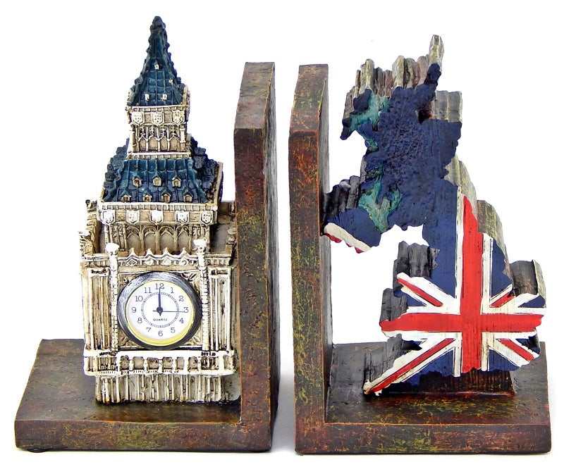 Bellaa 26348 Decorative Bookends Big Ben Clock Tower London UK Flag Map Vintage Unique British Patriots Gifts Bibliography Home Decor Bookshelves Heavy Book Ends - Image 1